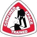 NMC - Confined Space Trained, Hard Hat Label - Triangle, Black & Red on White, 0.004" Thick, Indoor or Outdoor, Adhesive Backed, For Accident Prevention - Makers Industrial Supply