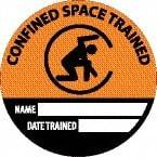 NMC - Confined Space Trained - Name ____ Date Trained ____, Hard Hat Label - Round, Black & Orange on White, 0.004" Thick, Indoor or Outdoor, Adhesive Backed, For Accident Prevention - Makers Industrial Supply