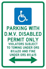 NMC - "Parking With D.M.V. Disabled Permit Only", "Double Arrow, Handicapped Symbol", 12" Wide x 18" High, Aluminum ADA Signs - 0.04" Thick, Green & Blue on White, Rectangle, Post Mount - Makers Industrial Supply