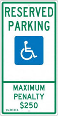 NMC - "Reserved Parking Maximum Penalty $250", "Handicap Symbol", 12" Wide x 24" High, Aluminum ADA Signs - 0.063" Thick, Green & Blue on White, Rectangle, Post Mount - Makers Industrial Supply