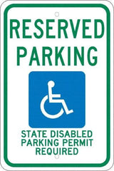 NMC - "Reserved Parking State Disabled Parking Permit Required", "Handicap Symbol", 12" Wide x 18" High, Aluminum ADA Signs - 0.08" Thick, Green & Blue on White, Engineer Grade Reflectivity, Rectangle, Post Mount - Makers Industrial Supply