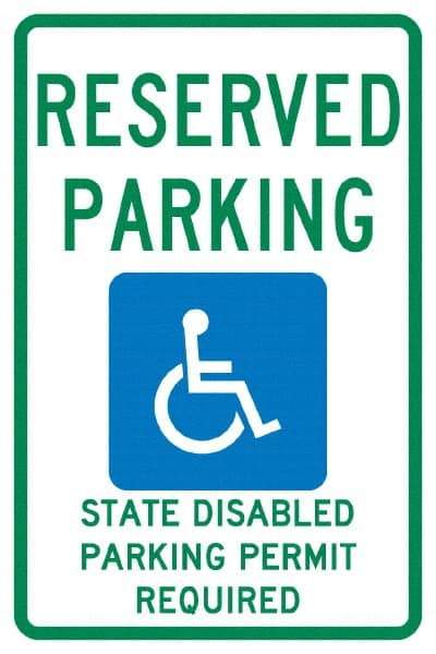 NMC - "Reserved Parking State Disabled Parking Permit Required", "Handicap Symbol", 12" Wide x 18" High, Aluminum ADA Signs - 0.04" Thick, Green & Blue on White, Rectangle, Post Mount - Makers Industrial Supply