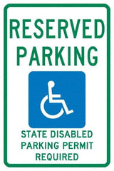 NMC - "Reserved Parking State Disabled Parking Permit Required", "Handicap Symbol", 12" Wide x 18" High, Aluminum ADA Signs - 0.04" Thick, Green & Blue on White, Rectangle, Post Mount - Makers Industrial Supply