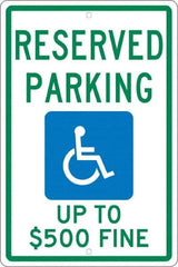 NMC - "Reserved Parking Up To $500 Fine", "Handicap Symbol", 12" Wide x 18" High, Aluminum ADA Signs - 0.063" Thick, Green & Blue on White, Rectangle, Post Mount - Makers Industrial Supply