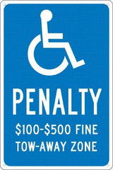 NMC - "Penalty $100-$500 Fine Tow-Away Zone", "Handicap Symbol", 12" Wide x 18" High, Aluminum ADA Signs - 0.04" Thick, White on Blue, Rectangle, Post Mount - Makers Industrial Supply