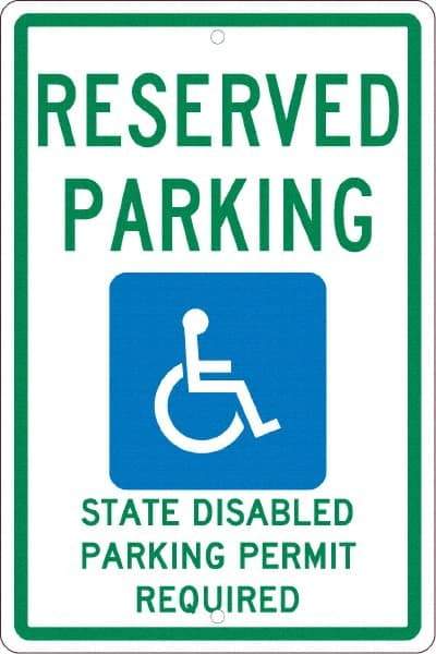 NMC - "Reserved Parking State Disabled Parking Permit Required", "Handicap Symbol", 12" Wide x 18" High, Aluminum ADA Signs - 0.063" Thick, Green & Blue on White, Rectangle, Post Mount - Makers Industrial Supply