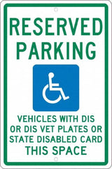 NMC - "Reserved Parking Vehicles With Dis Or Dis Vet Plates Or State Disabled Card This Space", "Handicap Symbol", 12" Wide x 18" High, Aluminum ADA Signs - 0.063" Thick, Green & Blue on White, Rectangle, Post Mount - Makers Industrial Supply