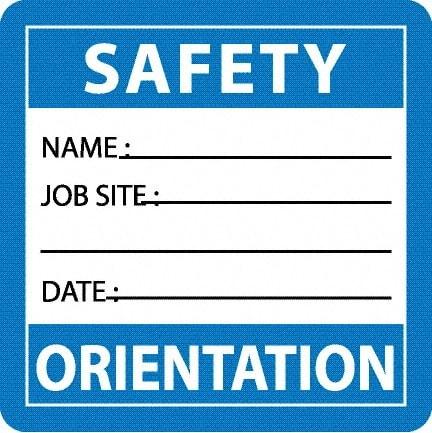 NMC - Safety Orientation - Name ____ Job Site ____ Date ____, Hard Hat Label - Blue/White/Black, 0.045" Thick, For Accident Prevention - Makers Industrial Supply