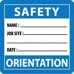 NMC - Safety Orientation - Name ____ Job Site ____ Date ____, Hard Hat Label - Blue/White/Black, 0.045" Thick, For Accident Prevention - Makers Industrial Supply