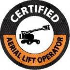 NMC - Certified Aerial Lift Operator, Hard Hat Label - Round, Black & Orange on White, 0.004" Thick, Indoor or Outdoor, Adhesive Backed, For Certified Operator - Makers Industrial Supply