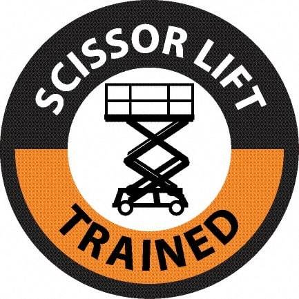 NMC - Scissor Lift Trained, Hard Hat Label - Round, Black & Orange on White, 0.004" Thick, Indoor or Outdoor, Adhesive Backed, For Accident Prevention - Makers Industrial Supply