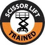 NMC - Scissor Lift Trained, Hard Hat Label - Round, Black & Orange on White, 0.004" Thick, Indoor or Outdoor, Adhesive Backed, For Accident Prevention - Makers Industrial Supply