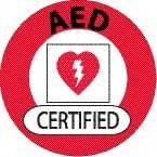 NMC - AED Certified, Hard Hat Label - Round, Black & Red on White, 0.004" Thick, Indoor or Outdoor, Adhesive Backed, For Certified Operator - Makers Industrial Supply