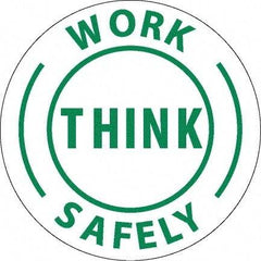 NMC - Work Think Safely, Hard Hat Label - Round, Green on White, 0.004" Thick, Indoor or Outdoor, Adhesive Backed, For Accident Prevention - Makers Industrial Supply