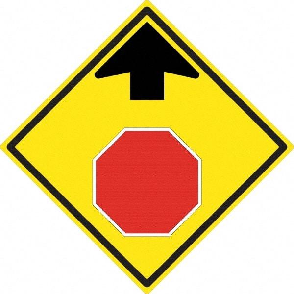 NMC - "Up Arrow, Stop Symbol", 24" Wide x 24" High, Aluminum Stop & Yield Signs - 0.08" Thick, Red & Black on Yellow, High Intensity Reflectivity, Diamond, Post Mount - Makers Industrial Supply