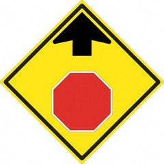 NMC - "Up Arrow, Stop Symbol", 24" Wide x 24" High, Aluminum Stop & Yield Signs - 0.08" Thick, Red & Black on Yellow, High Intensity Reflectivity, Diamond, Post Mount - Makers Industrial Supply