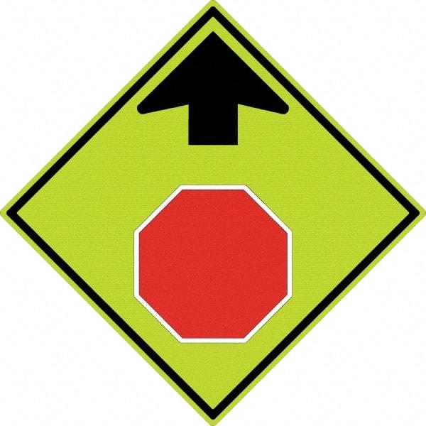 NMC - "Up Arrow, Stop Symbol", 30" Wide x 30" High, Aluminum Stop & Yield Signs - 0.08" Thick, Red & Black on Yellow, Diamond Grade Reflectivity, Diamond, Post Mount - Makers Industrial Supply