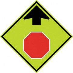 NMC - "Up Arrow, Stop Symbol", 30" Wide x 30" High, Aluminum Stop & Yield Signs - 0.08" Thick, Red & Black on Yellow, Diamond Grade Reflectivity, Diamond, Post Mount - Makers Industrial Supply