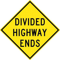 NMC - "Divided Highway Ends", 30" Wide x 30" High, Aluminum Traffic Control Signs - 0.08" Thick, Black on Yellow, High Intensity Reflectivity, Diamond, Post Mount - Makers Industrial Supply