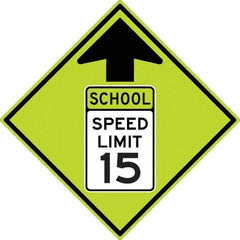 NMC - "School Speed Limit 15", "Up Arrow", 30" Wide x 30" High, Aluminum Warning & Safety Reminder Signs - 0.08" Thick, Black/Green, Diamond Grade Reflectivity, Diamond, Post Mount - Makers Industrial Supply