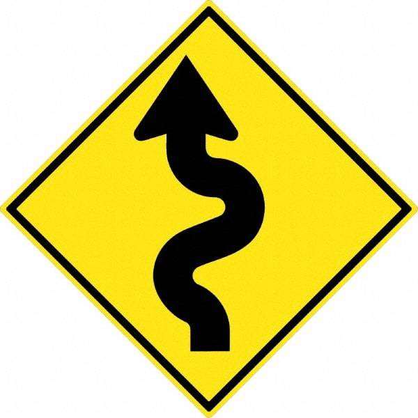 NMC - "Winding Arrow", 30" Wide x 30" High, Aluminum Traffic Control Signs - 0.08" Thick, Black on Yellow, High Intensity Reflectivity, Diamond, Post Mount - Makers Industrial Supply