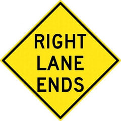 NMC - "Right Lane Ends", 30" Wide x 30" High, Aluminum Traffic Control Signs - 0.08" Thick, Black on Yellow, High Intensity Reflectivity, Diamond, Post Mount - Makers Industrial Supply