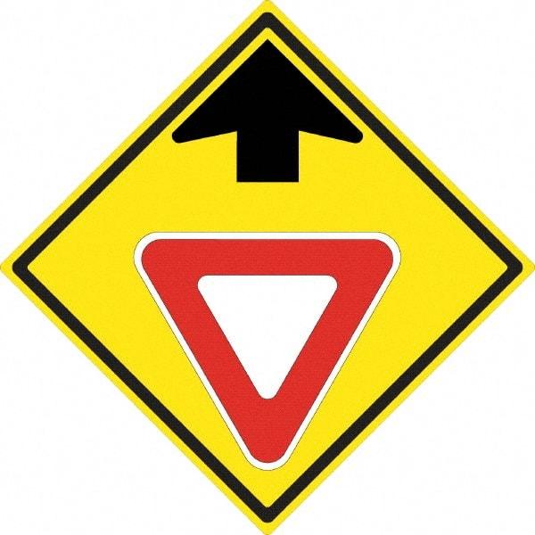 NMC - "Up Arrow, Yield Symbol", 24" Wide x 24" High, Aluminum Stop & Yield Signs - 0.08" Thick, Red & Black on Yellow, High Intensity Reflectivity, Diamond, Post Mount - Makers Industrial Supply