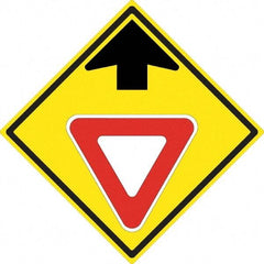 NMC - "Up Arrow, Yield Symbol", 24" Wide x 24" High, Aluminum Stop & Yield Signs - 0.08" Thick, Red & Black on Yellow, High Intensity Reflectivity, Diamond, Post Mount - Makers Industrial Supply