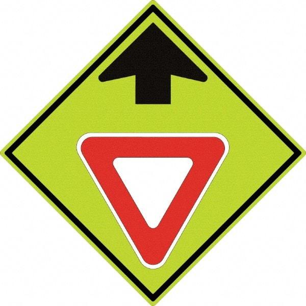 NMC - "Up Arrow, Yield Symbol", 30" Wide x 30" High, Aluminum Stop & Yield Signs - 0.08" Thick, Red & Black on Yellow, Diamond Grade Reflectivity, Diamond, Post Mount - Makers Industrial Supply