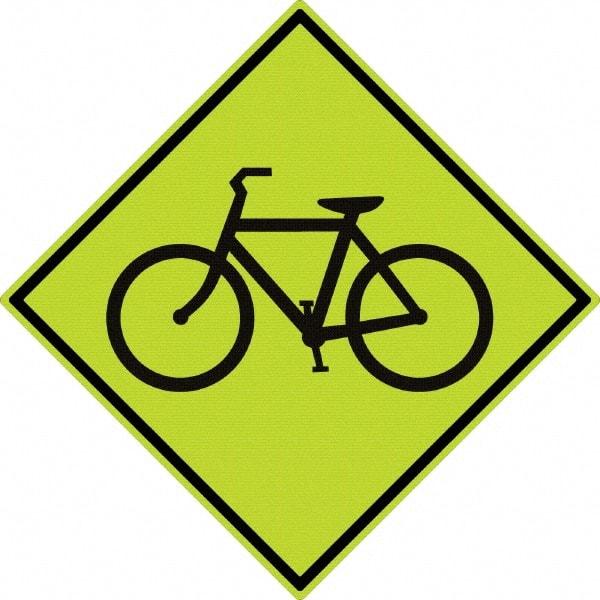 NMC - "Bike", 30" Wide x 30" High, Aluminum Warning & Safety Reminder Signs - 0.08" Thick, Black on Yellow, Diamond Grade Reflectivity, Diamond, Post Mount - Makers Industrial Supply