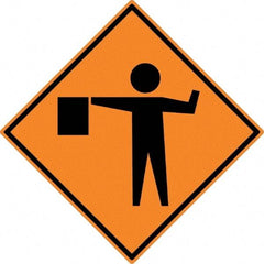 NMC - "Worker w/Directional Flag", 30" Wide x 30" High, Aluminum Construction Roadway Signs - 0.08" Thick, Black on Orange, High Intensity Reflectivity, Diamond, Post Mount - Makers Industrial Supply