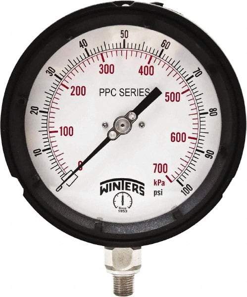 Winters - 4-1/2" Dial, 1/4 Thread, 0-100 Scale Range, Pressure Gauge - Bottom Connection Mount, Accurate to ±0.5% of Scale - Makers Industrial Supply