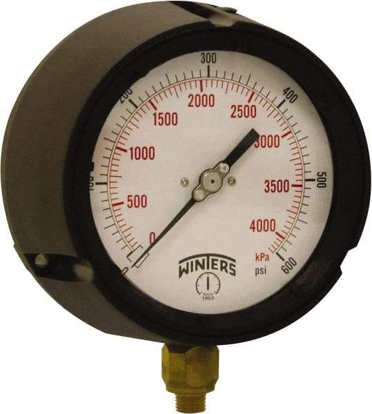 Winters - 4-1/2" Dial, 1/4 Thread, 0-600 Scale Range, Pressure Gauge - Bottom Connection Mount, Accurate to ±0.5% of Scale - Makers Industrial Supply