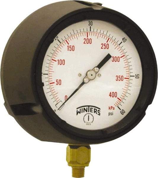 Winters - 4-1/2" Dial, 1/4 Thread, 0-60 Scale Range, Pressure Gauge - Bottom Connection Mount, Accurate to ±0.5% of Scale - Makers Industrial Supply