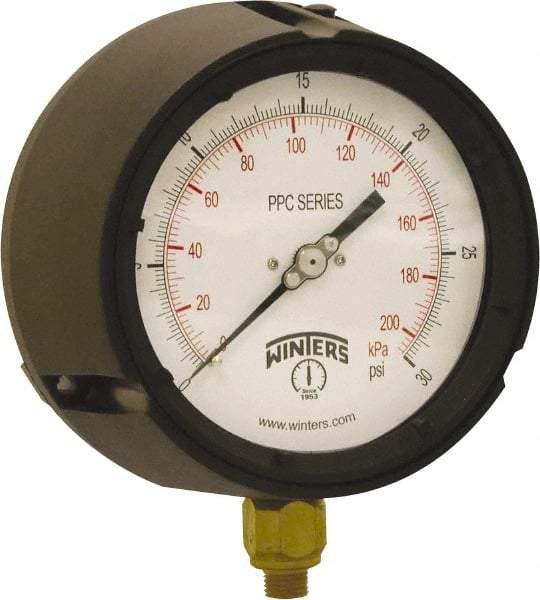 Winters - 4-1/2" Dial, 1/4 Thread, 0-30 Scale Range, Pressure Gauge - Bottom Connection Mount, Accurate to ±0.5% of Scale - Makers Industrial Supply