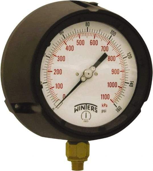 Winters - 4-1/2" Dial, 1/4 Thread, 0-160 Scale Range, Pressure Gauge - Bottom Connection Mount, Accurate to ±0.5% of Scale - Makers Industrial Supply