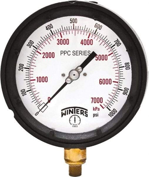 Winters - 4-1/2" Dial, 1/4 Thread, 0-1,000 Scale Range, Pressure Gauge - Bottom Connection Mount, Accurate to ±0.5% of Scale - Makers Industrial Supply