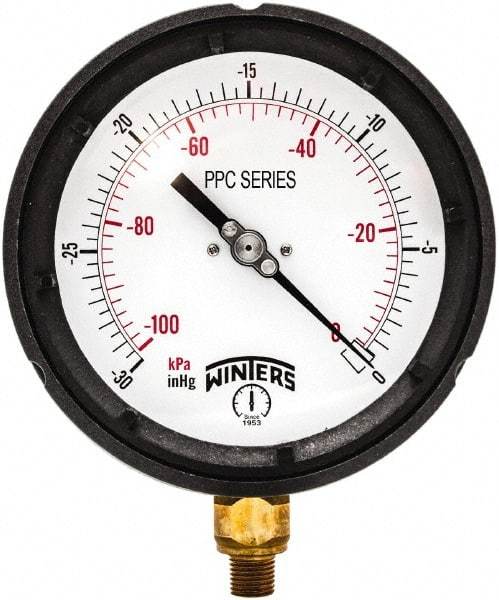 Winters - 4-1/2" Dial, 1/4 Thread, 30-0 Hg VAC Scale Range, Pressure Gauge - Bottom Connection Mount, Accurate to ±0.5% of Scale - Makers Industrial Supply