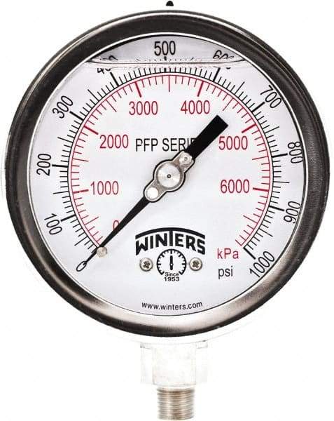 Winters - 4" Dial, 1/4 Thread, 0-1,000 Scale Range, Pressure Gauge - Bottom Connection Mount, Accurate to 0.01% of Scale - Makers Industrial Supply