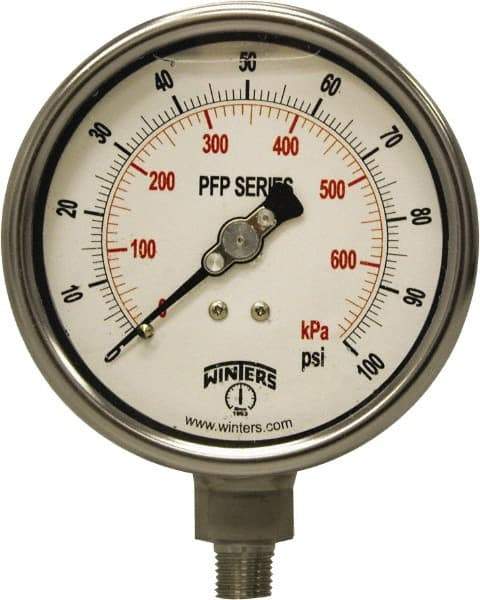 Winters - 4" Dial, 1/4 Thread, 0-100 Scale Range, Pressure Gauge - Bottom Connection Mount, Accurate to 1% Full-Scale of Scale - Makers Industrial Supply