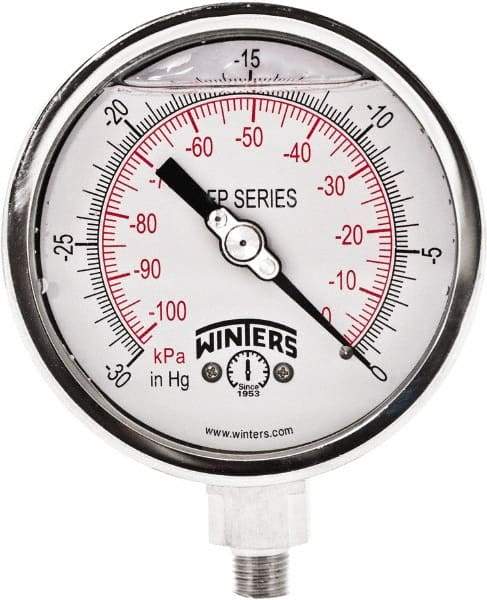 Winters - 4" Dial, 1/4 Thread, 30" HG Vac Scale Range, Pressure Gauge - Bottom Connection Mount, Accurate to 1% Full-Scale of Scale - Makers Industrial Supply