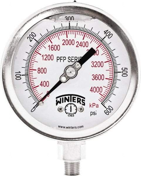 Winters - 4" Dial, 1/4 Thread, 0-600 Scale Range, Pressure Gauge - Bottom Connection Mount, Accurate to 1% Full-Scale of Scale - Makers Industrial Supply