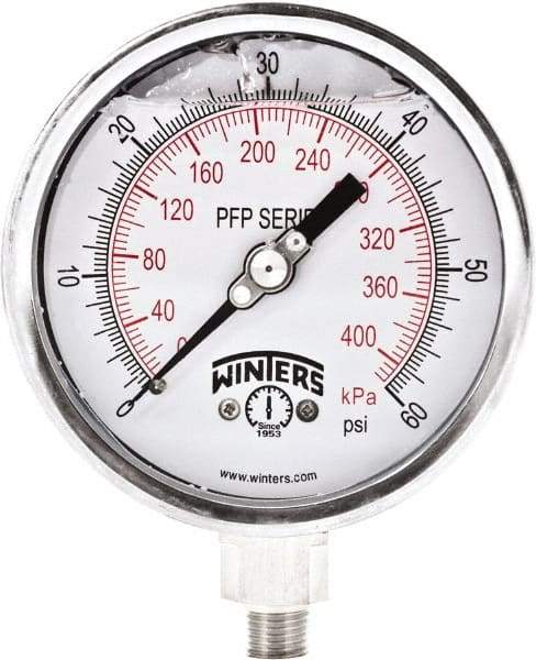 Winters - 4" Dial, 1/4 Thread, 0-60 Scale Range, Pressure Gauge - Bottom Connection Mount, Accurate to 0.01% of Scale - Makers Industrial Supply