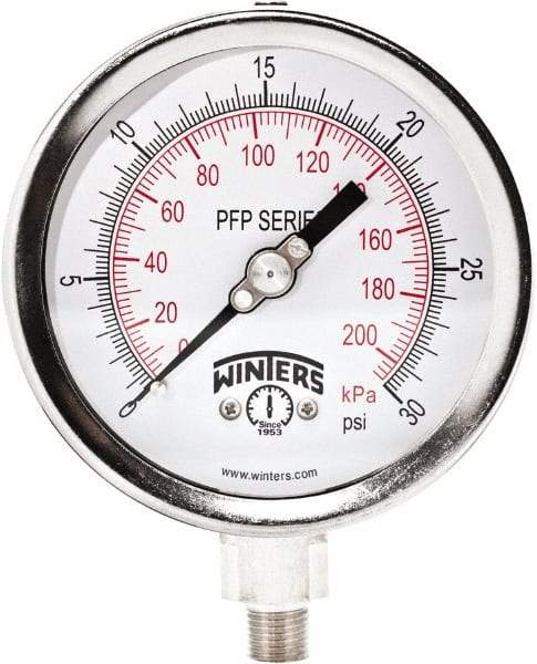 Winters - 4" Dial, 1/4 Thread, 0-30 Scale Range, Pressure Gauge - Bottom Connection Mount, Accurate to 0.01% of Scale - Makers Industrial Supply