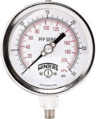 Winters - 4" Dial, 1/4 Thread, 0-30 Scale Range, Pressure Gauge - Bottom Connection Mount, Accurate to 1% Full-Scale of Scale - Makers Industrial Supply