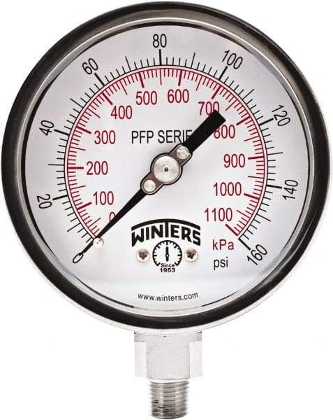 Winters - 4" Dial, 1/4 Thread, 0-160 Scale Range, Pressure Gauge - Bottom Connection Mount, Accurate to 0.01% of Scale - Makers Industrial Supply