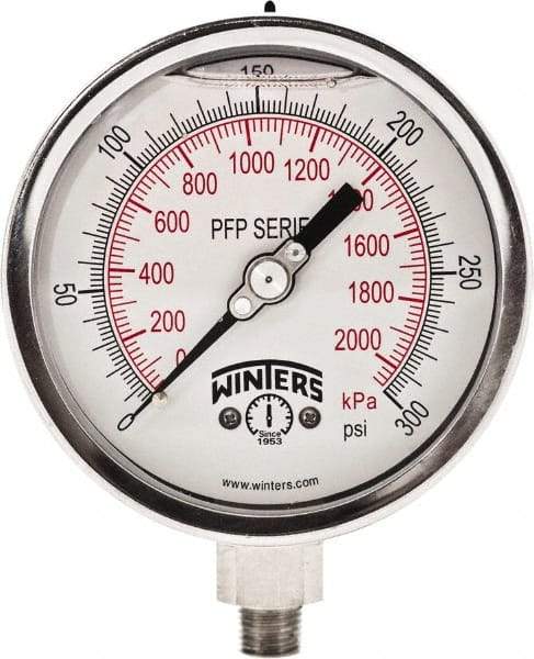 Winters - 4" Dial, 1/4 Thread, 0-300 Scale Range, Pressure Gauge - Bottom Connection Mount, Accurate to 1% Full-Scale of Scale - Makers Industrial Supply