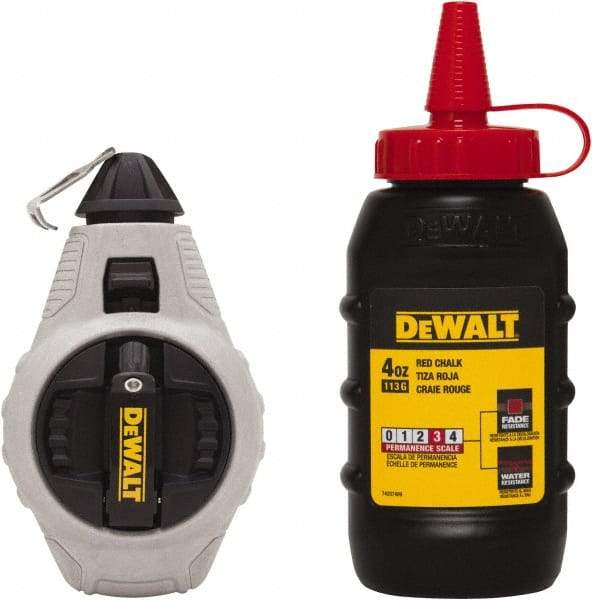 DeWALT - 100' Long Reel & Chalk Set - Silver & Black, Includes 4 oz Red Chalk - Makers Industrial Supply