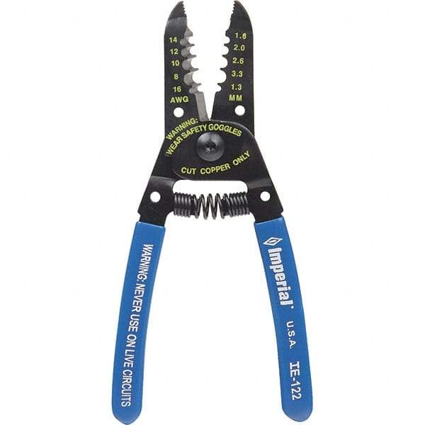 Imperial - 8 to 16 AWG Capacity Wire Stripper/Cutter - 6" OAL, Hardened Steel with Cushion Grip Handle - Makers Industrial Supply