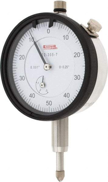 SPI - 1/4" Range, 0-50-0 Dial Reading, 0.001" Graduation Dial Drop Indicator - 2.2" Dial, 0.1" Range per Revolution, 0.002" Accuracy, Revolution Counter - Makers Industrial Supply